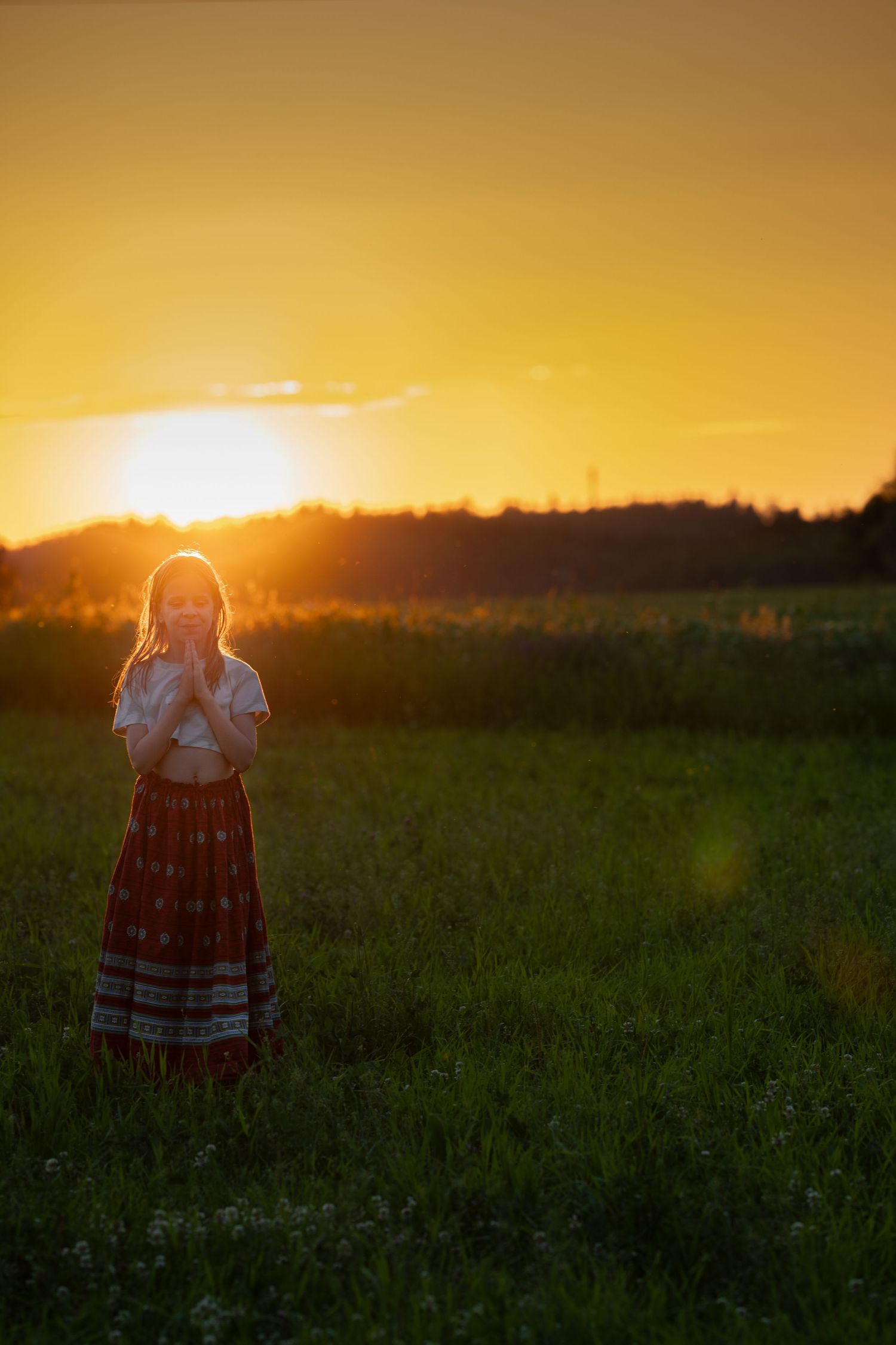 Silhouette in traditional dress standing in field during golden sunset.