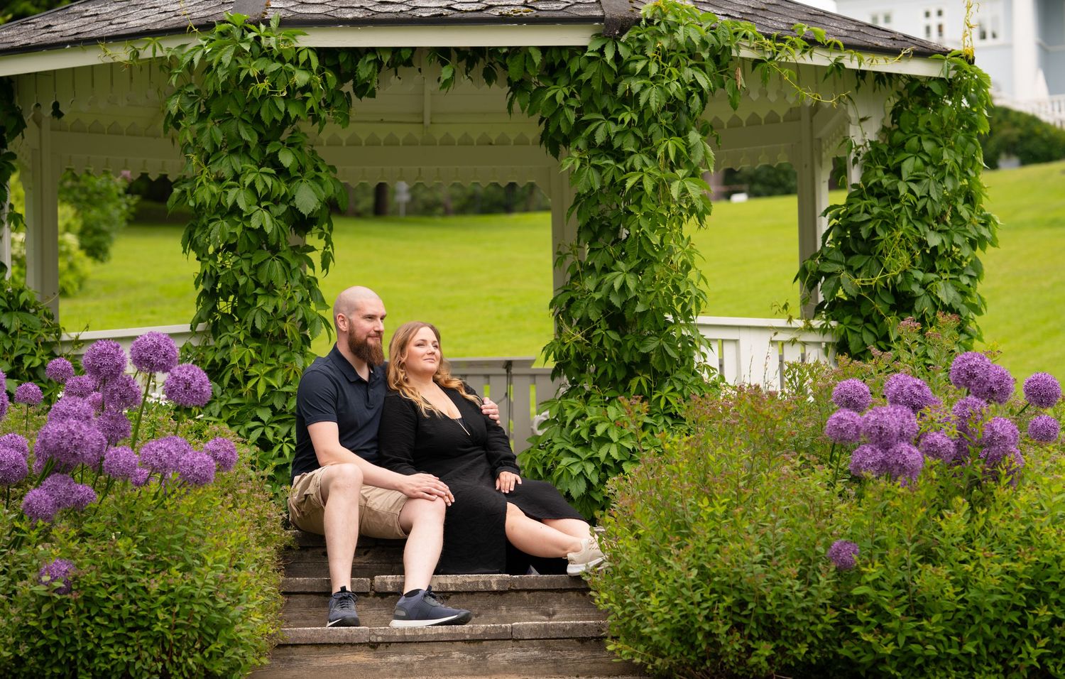 Seven connected images show a photo session on a wooden bench surrounded by lush gardens and purple flowers.