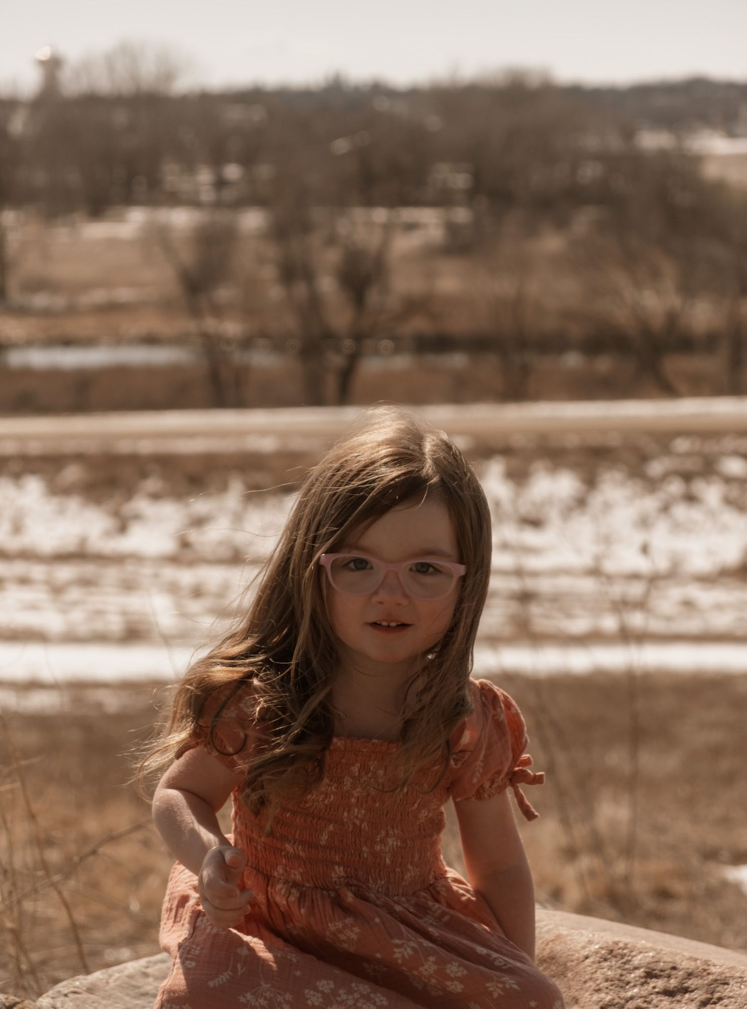 A sepia-toned portrait shows someone in a coral dress sitting on rocks with a rural winter landscape in the background.