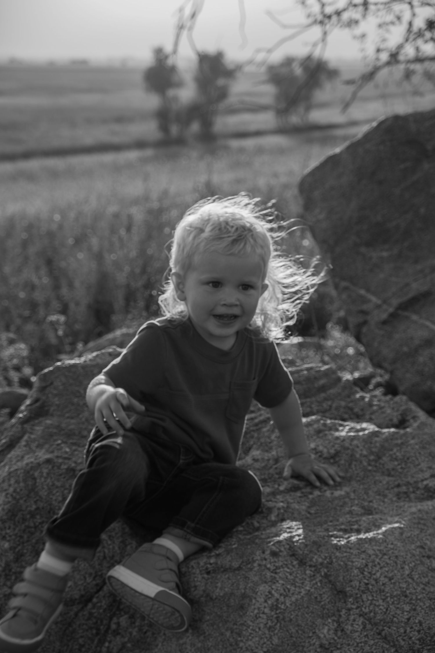A black and white photograph of a small child sitting on a large rock in a sunny field.