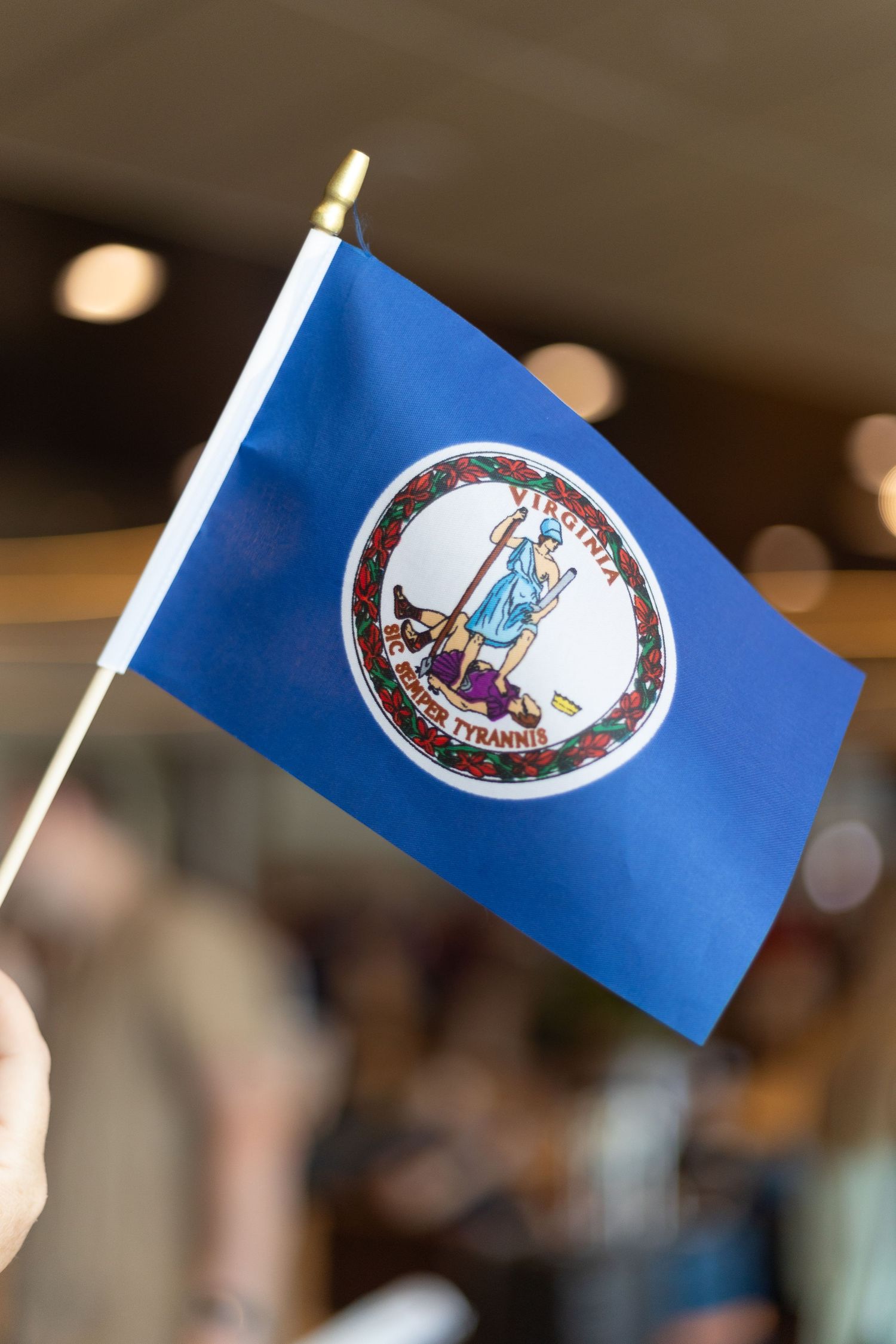 Hand holding a small Virginia state flag with blue background and state seal.