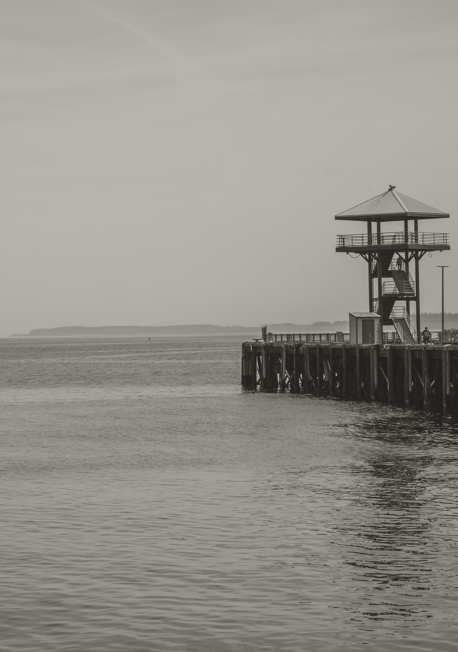 Black and white photo of a wooden pier with a watchtower overlooking calm ocean waters under an overcast sky.