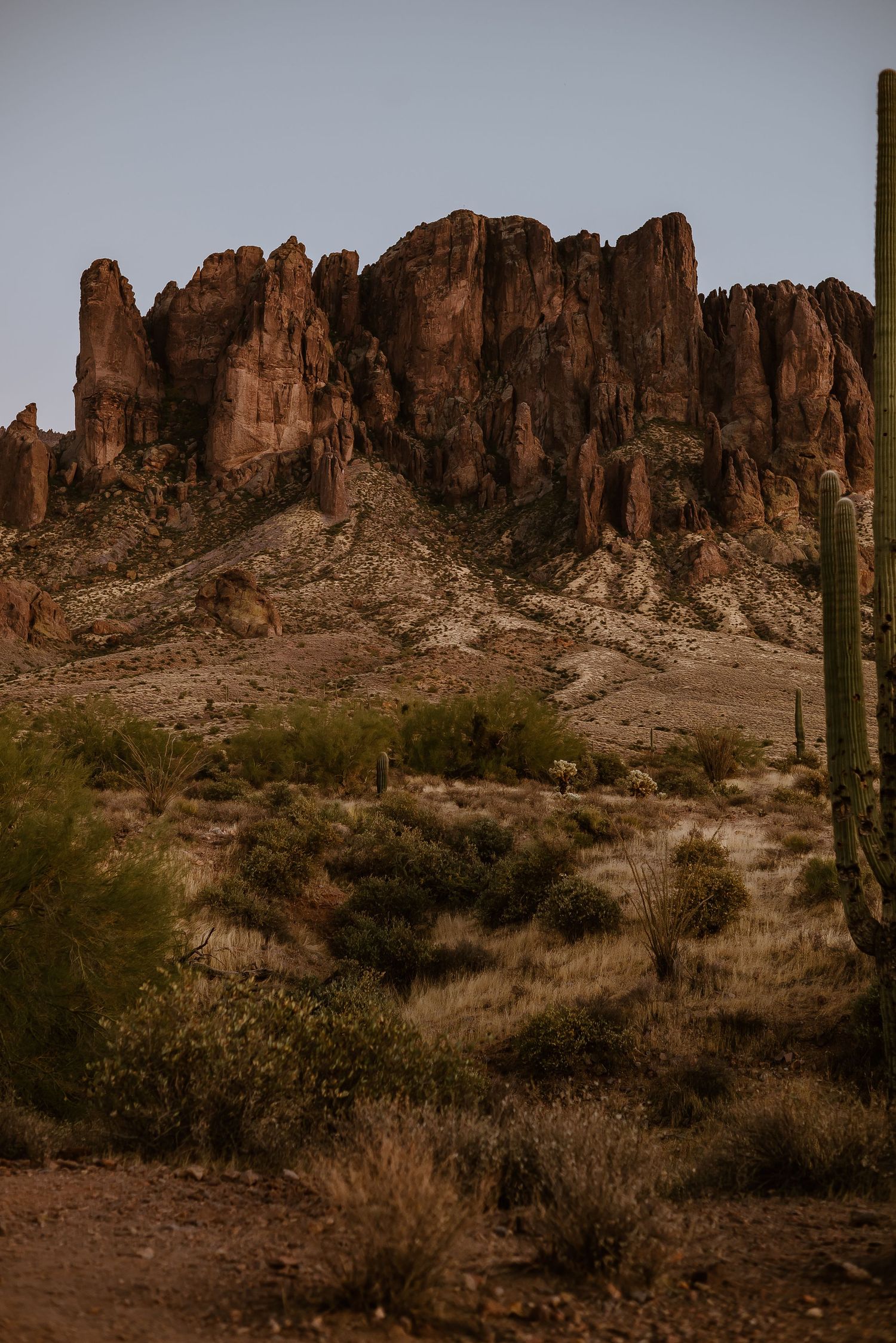 Desert mountain landscape with saguaro cactus silhouette against dramatic rock formations.
