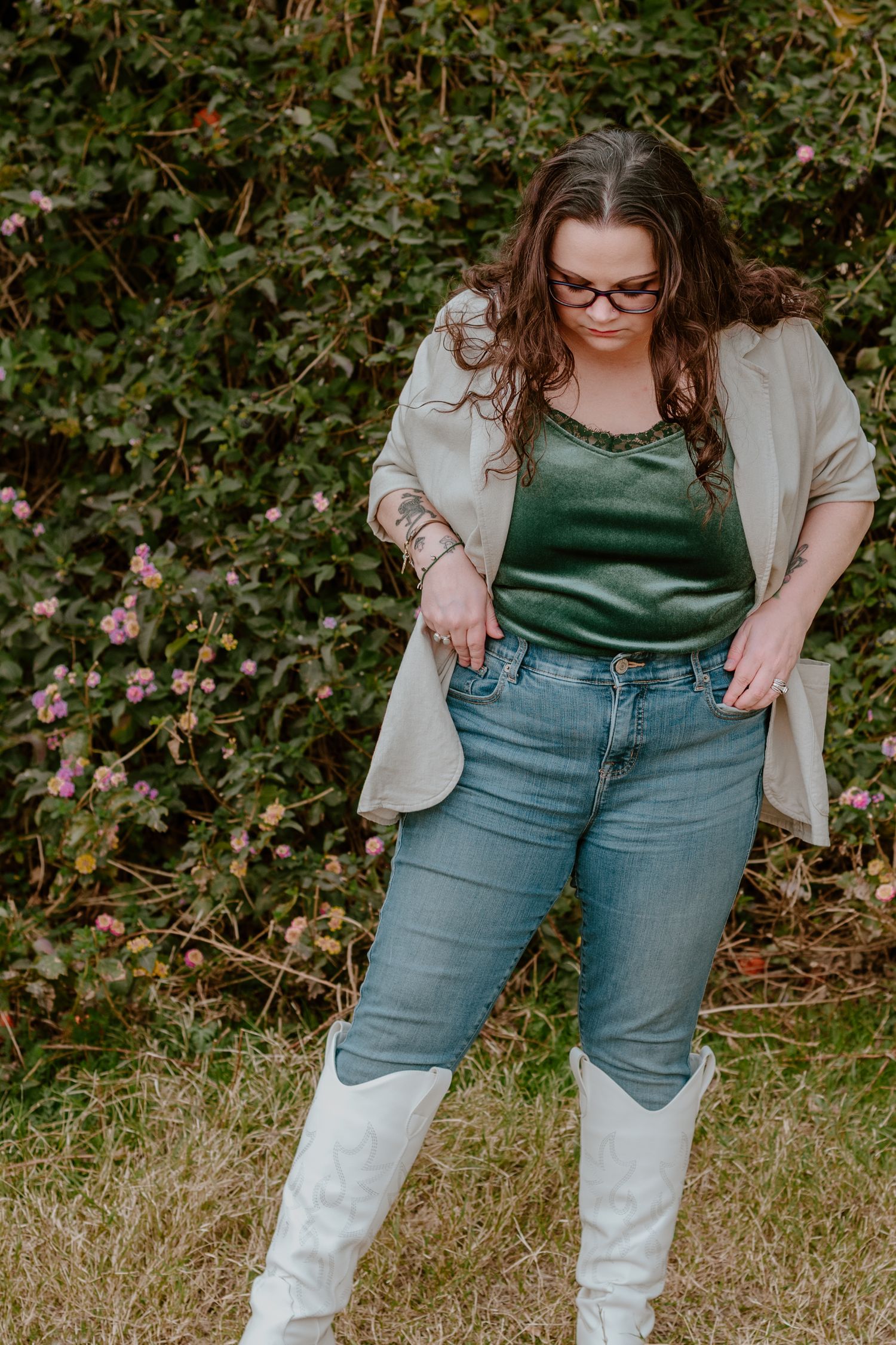 Fashion photo sequence showing white boots and denim jeans against green foliage.