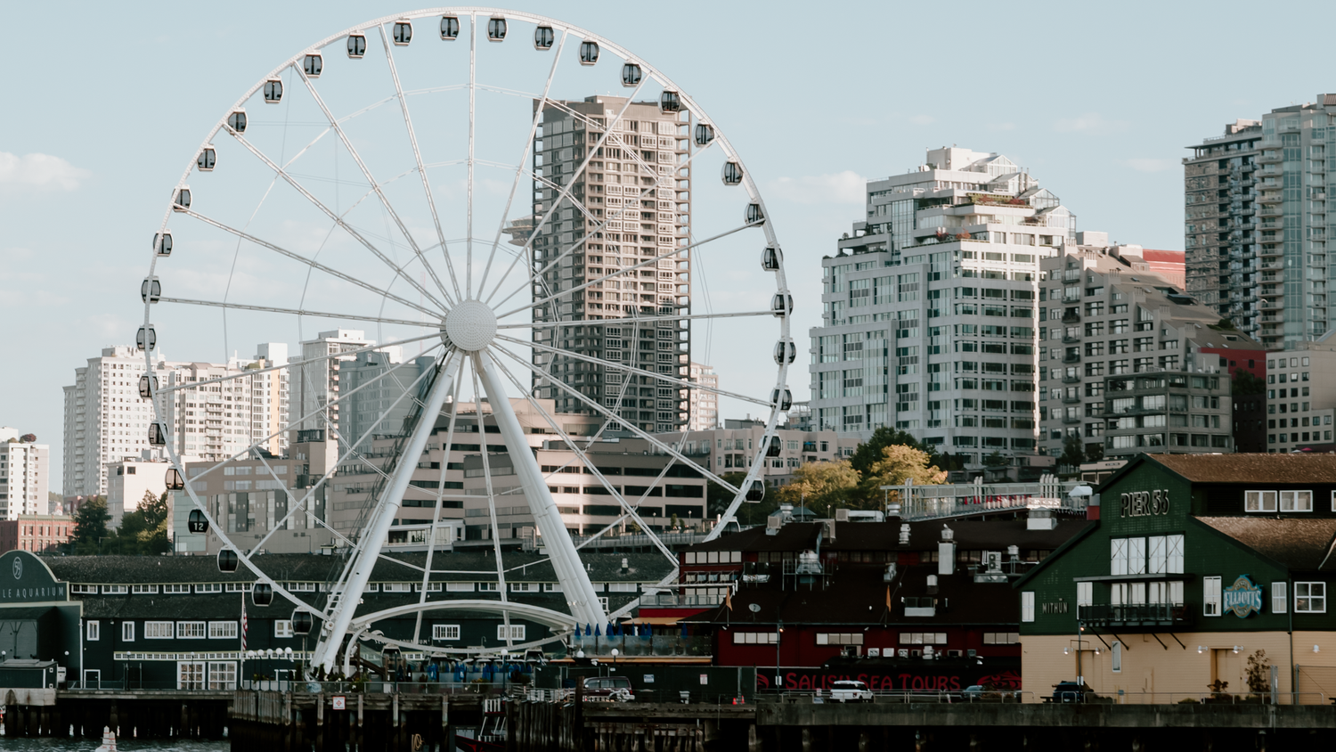 Seattle Great Wheel ferris wheel stands tall at Pier 57 waterfront with city skyline behind.