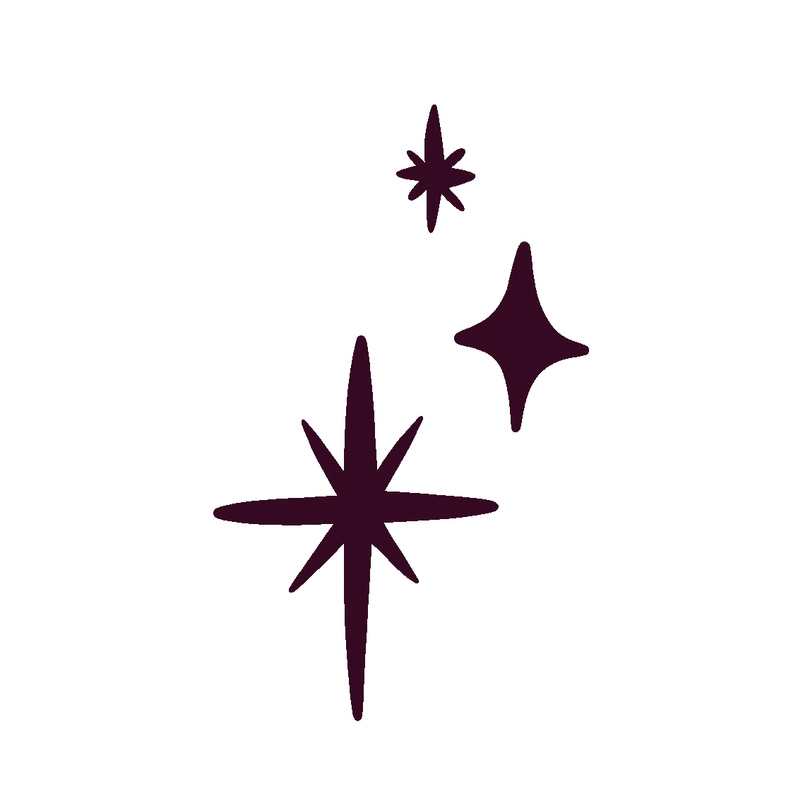 Three decorative sparkle or star shapes in dark purple arranged in a scattered pattern.