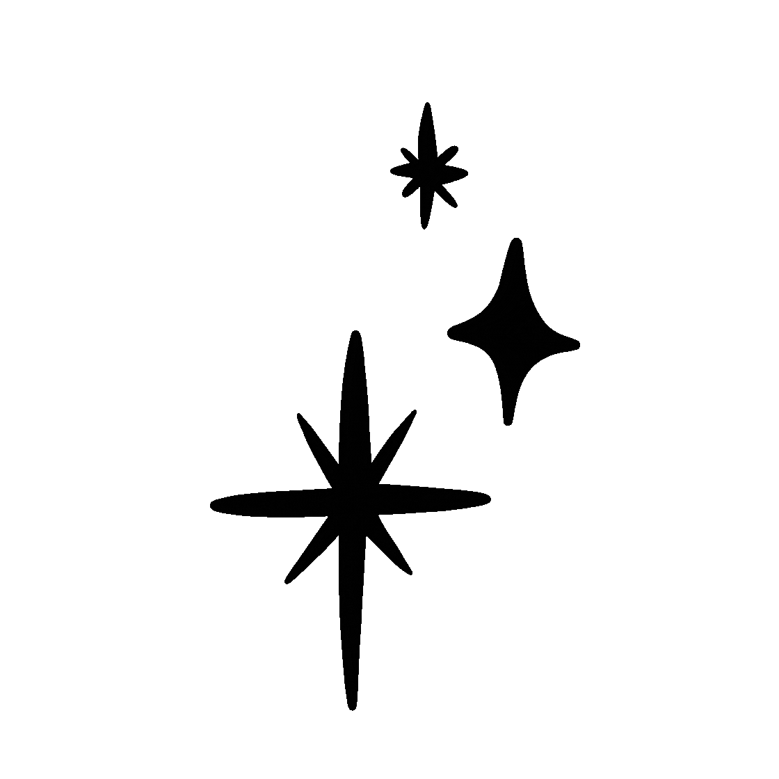 Simple black silhouette illustration of three decorative sparkly stars in different sizes and shapes.