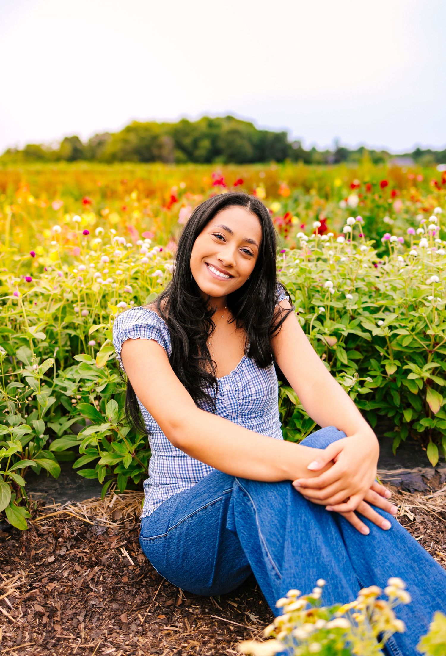 High school senior in blue gingham top and jeans poses casually in a sunny wildflower field at Ward's Berry Farm in Sharon Massachusetts