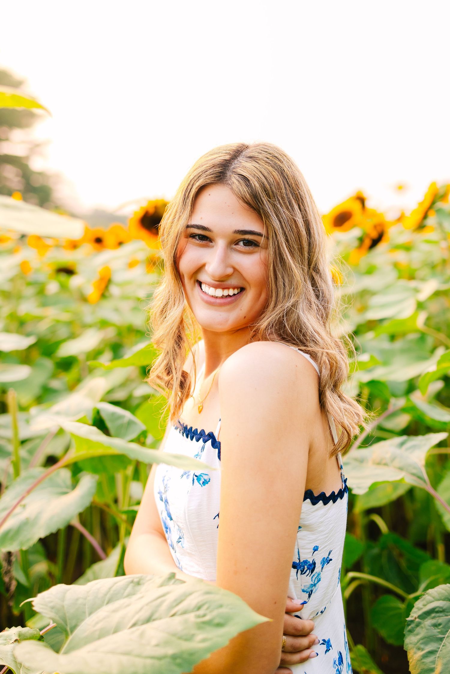 A high school senior poses joyfully in a sunflower field wearing a white floral dress on a bright summer day at Ward's Berry Farm in MA