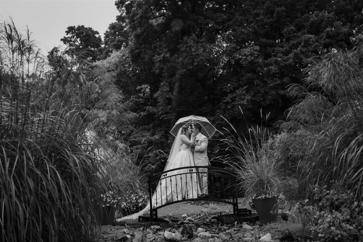 A couple poses on a garden bridge with an umbrella surrounded by ornamental grasses.