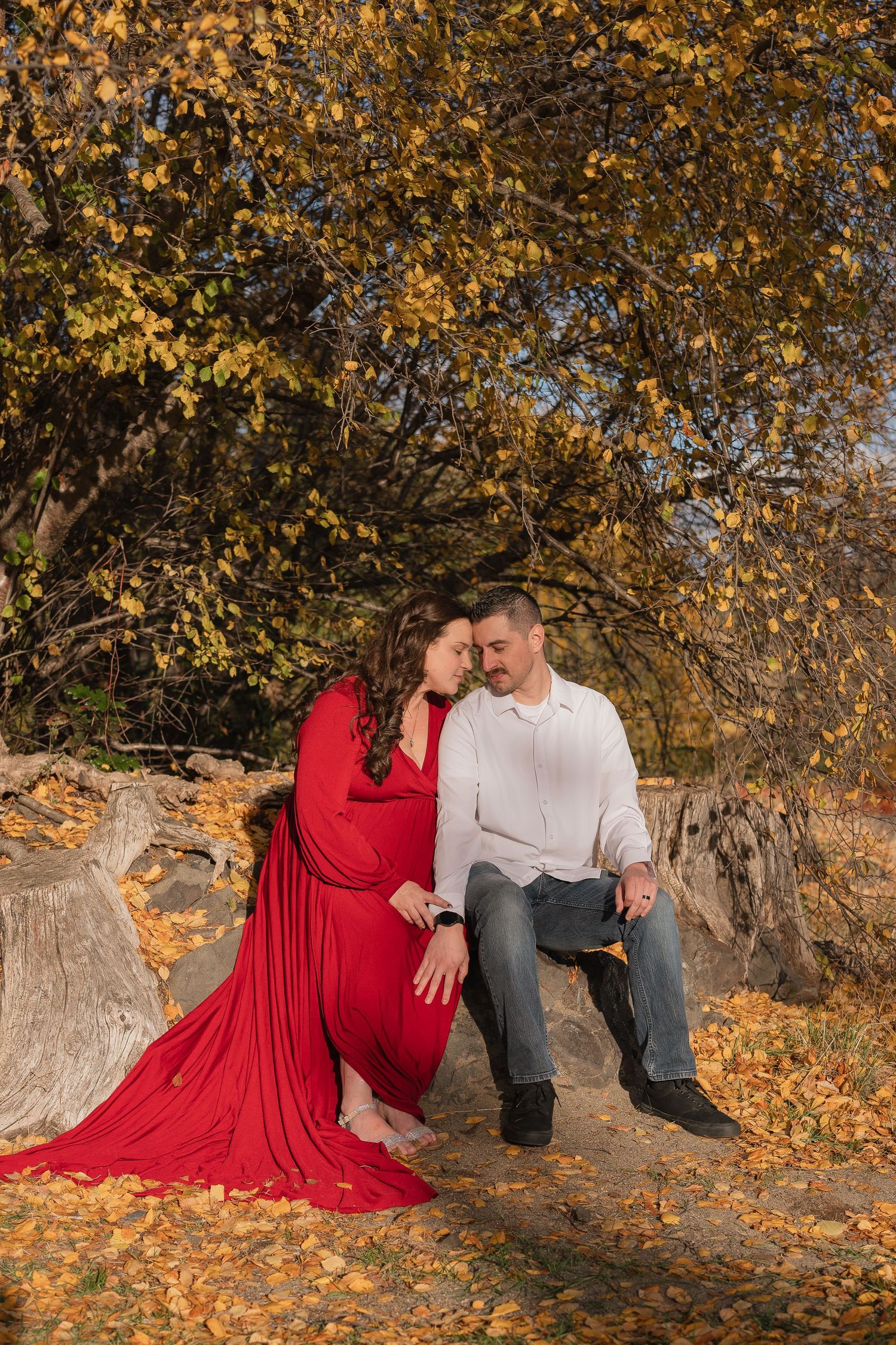 A couple in autumn setting sits on rocks surrounded by golden fall foliage as red dress fabric flows dramatically.
