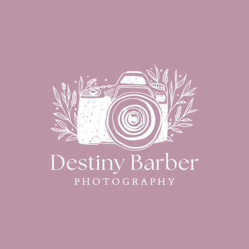 Photography logo design in white on dusty rose background with floral accents.