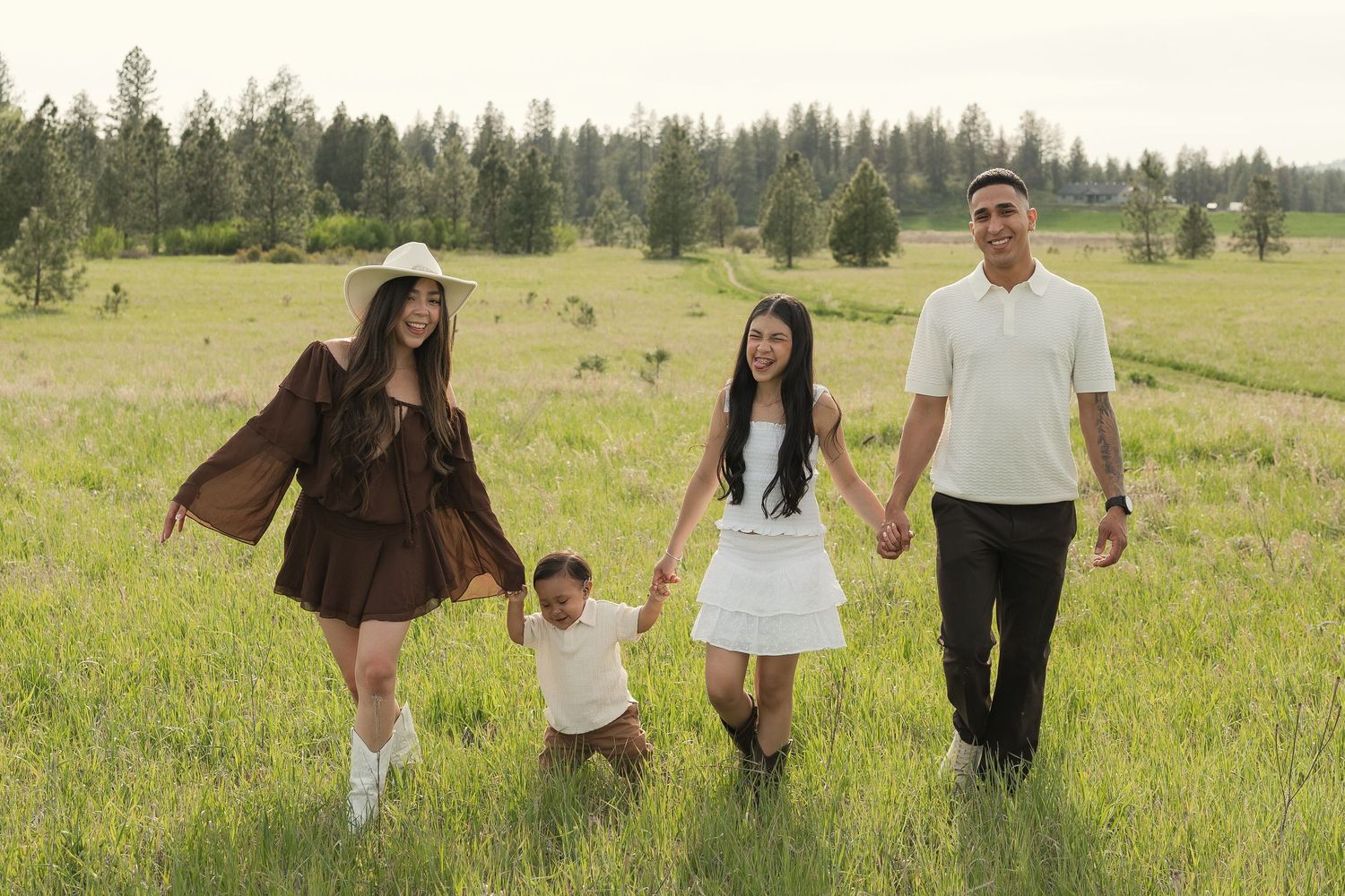 Family of four walking hand-in-hand through a lush green meadow with pine trees in the background.