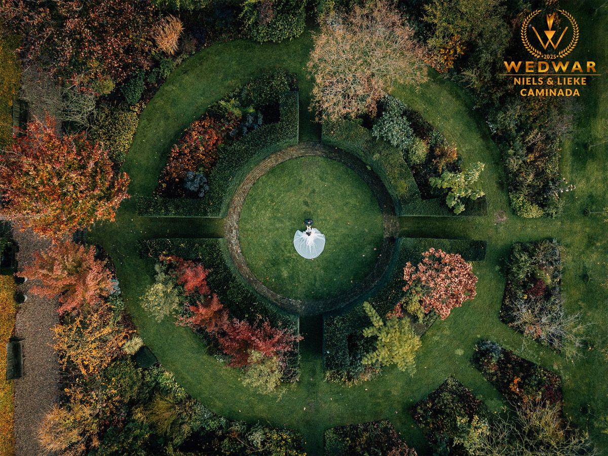 drone foto van een bruidspaar in een tuin