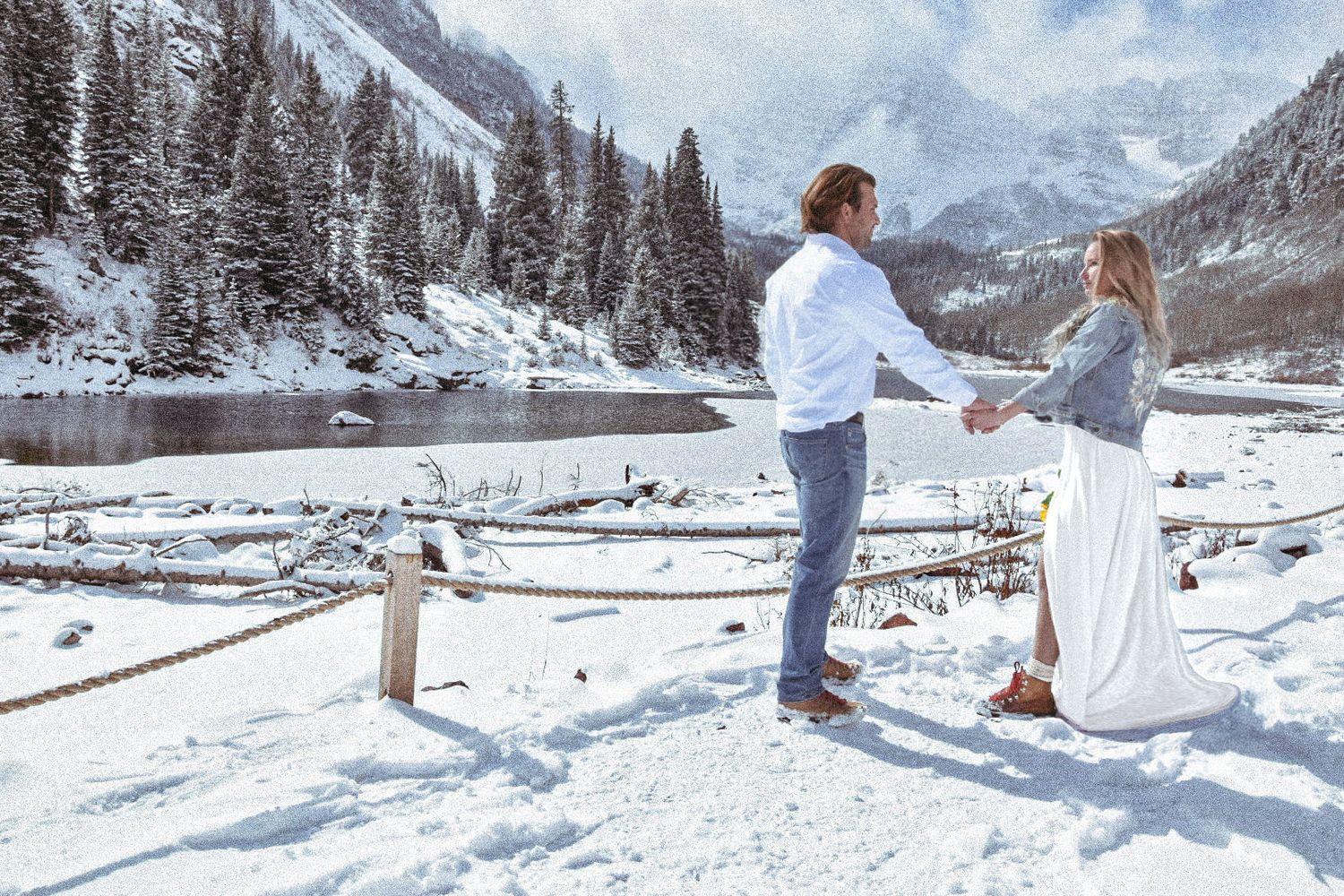 elopement couple in aspen, colorado in front of maroon bells backdrop, rue de seine denim jacket and danner boots