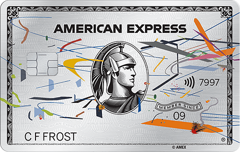 American Express platinum card design with artistic abstract elements in orange, yellow and blue.