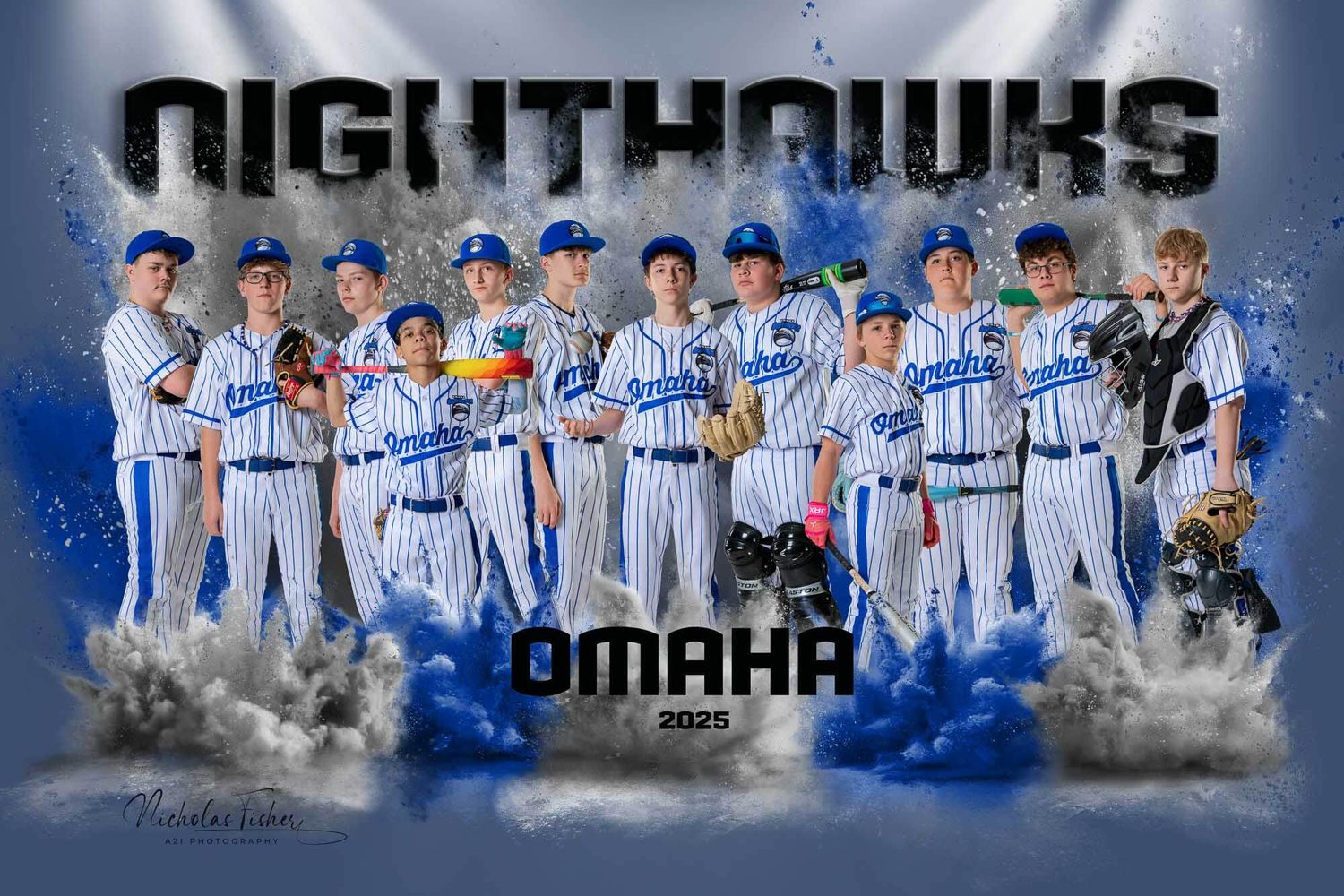 Baseball team players in white uniforms pose together for a professional sports team photo with blue lighting effects.