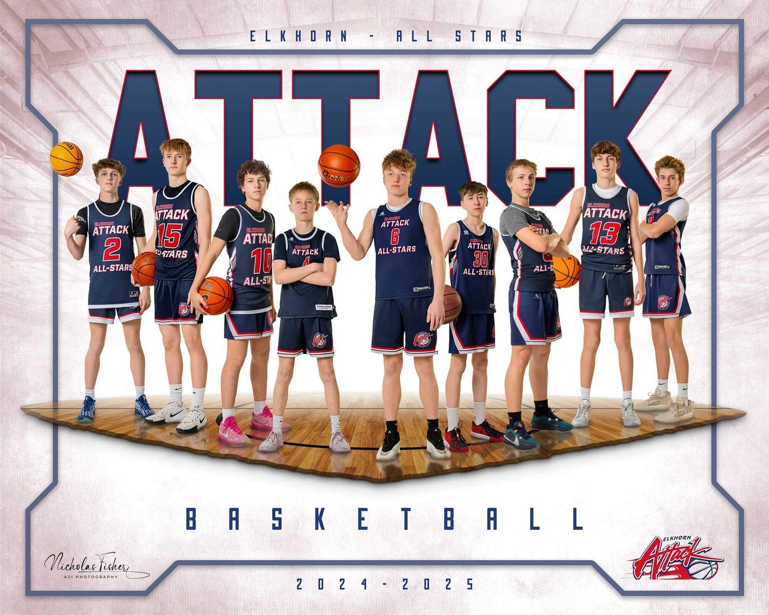 A panoramic collage of basketball players in navy blue uniforms arranged in a V-shaped formation.