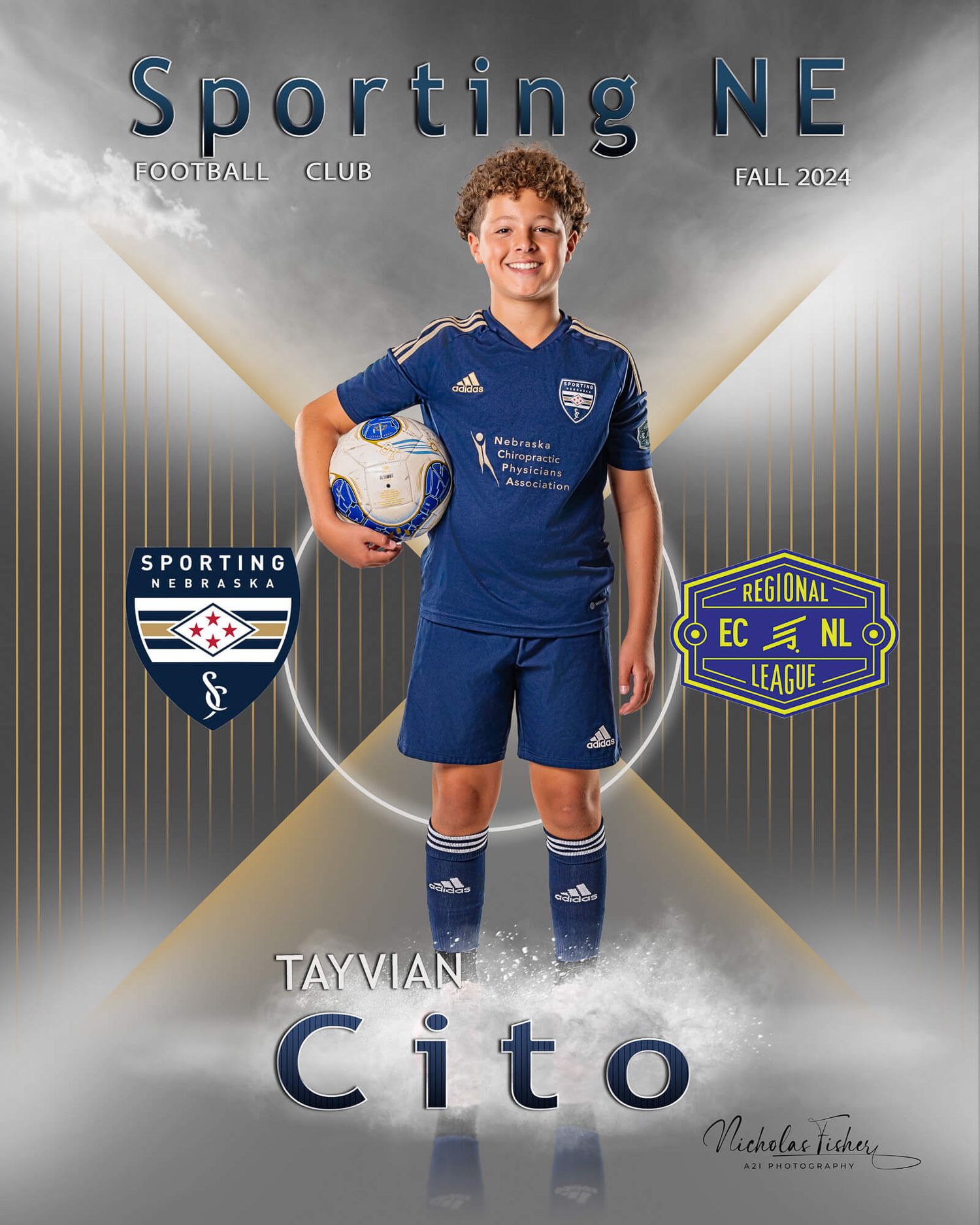 Soccer player wearing blue Sporting NE uniform poses against a dark background with metallic design elements.