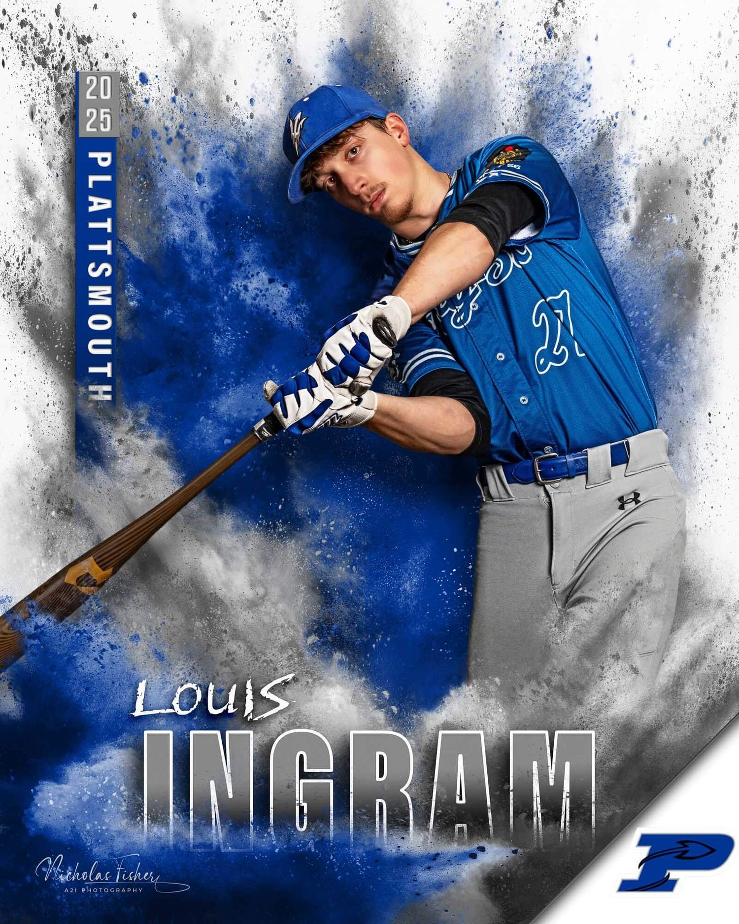 Baseball player in blue uniform swings bat against dramatic blue and gray smoky background effect.