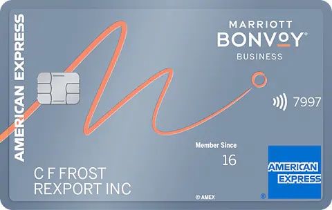 Marriott Bonvoy Business American Express card in silver-blue with orange accent line.