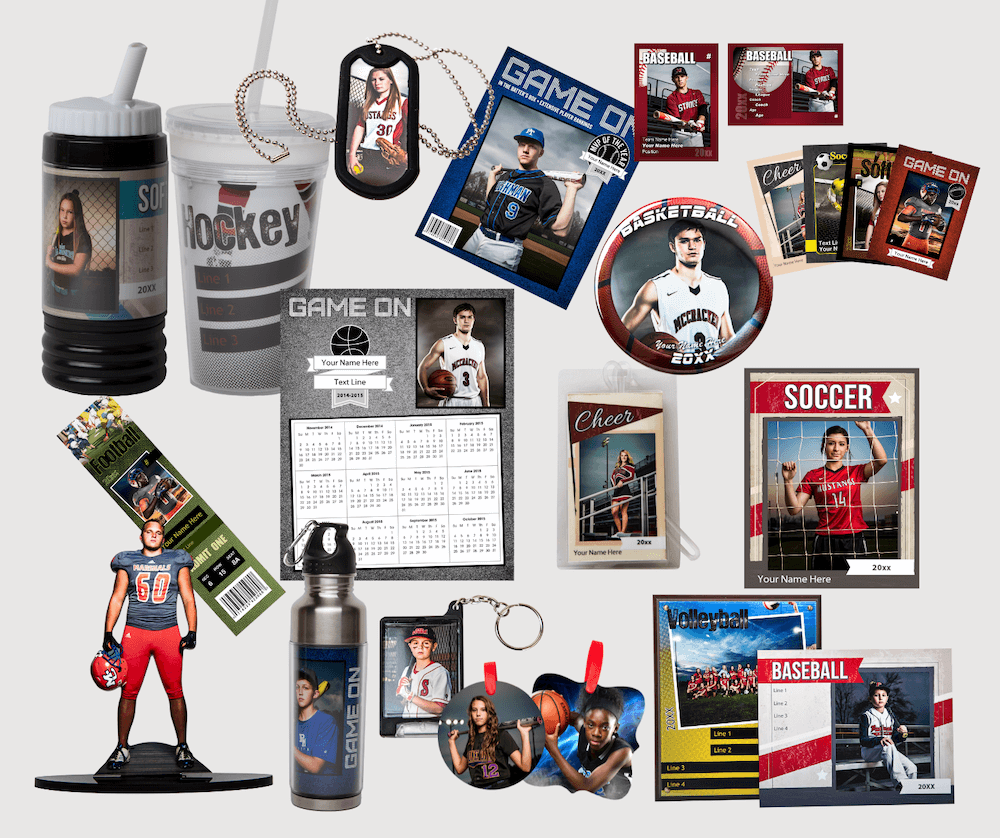 A collage of sports and fitness related photos showing equipment, merchandise, and athletic activities.