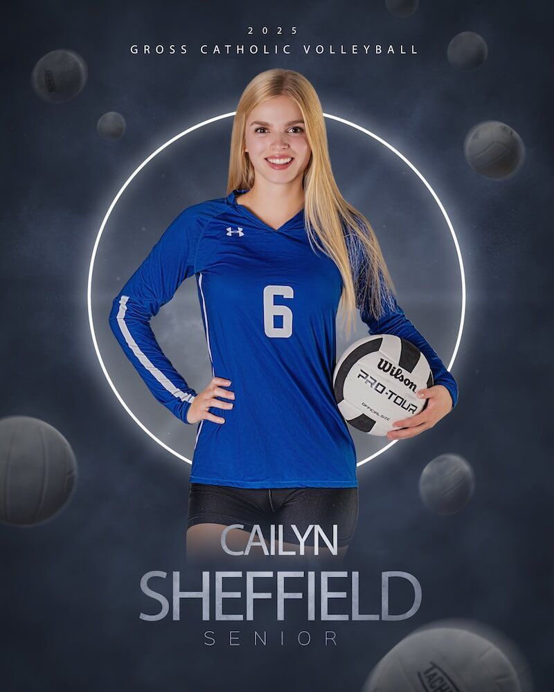High school volleyball player poses in blue jersey against dark background with floating volleyball design elements.