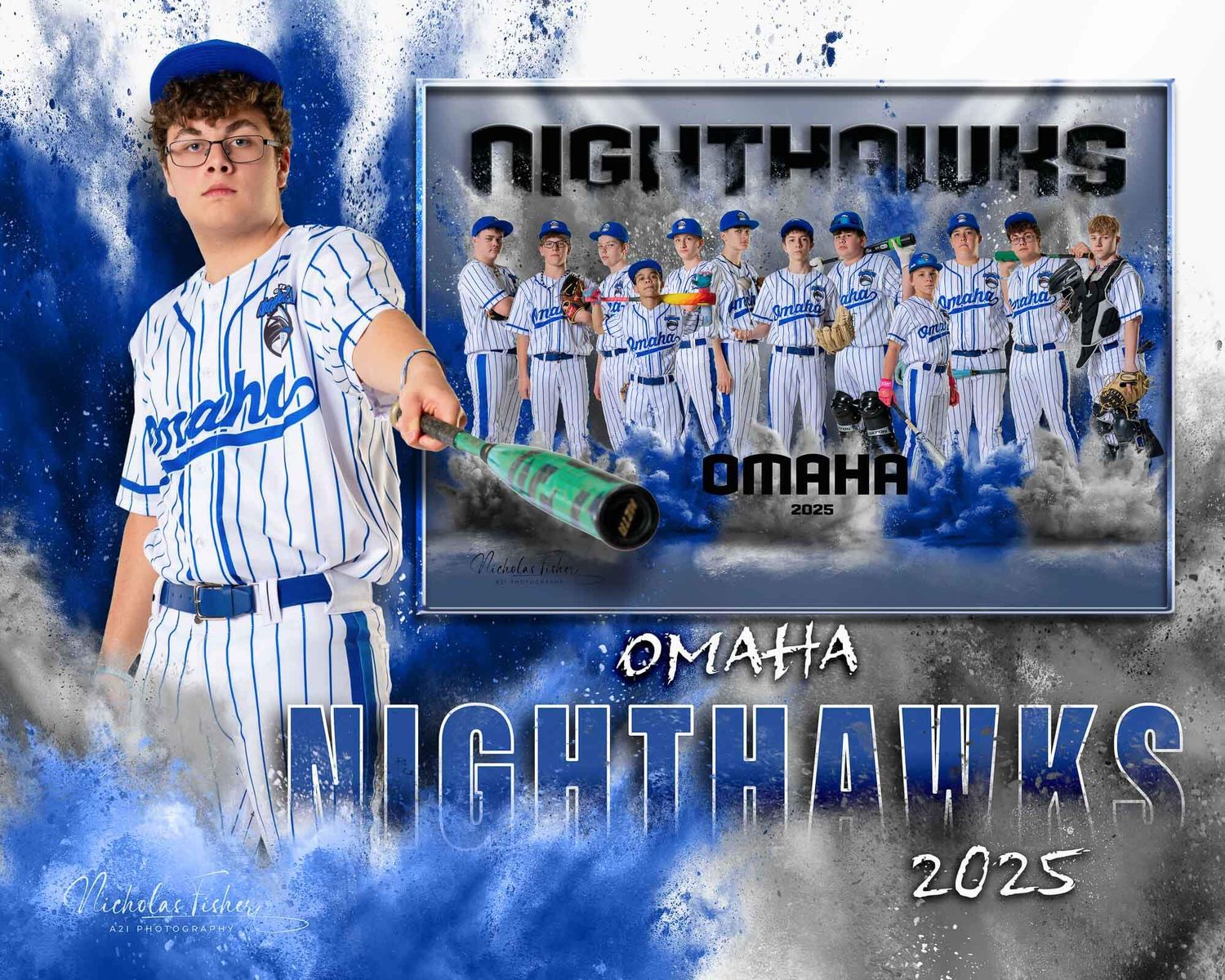 Baseball themed banner design featuring Nighthawks team branding with blue and white striped uniforms and smoke effects.