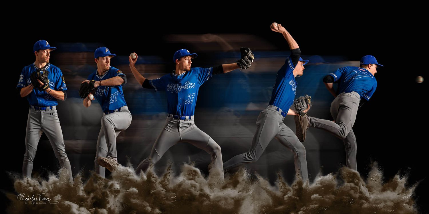 Senior photography composite of a baseball player from Plattsmouth High School with several phases of his pitching throw in one photo.