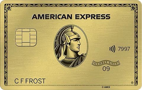 American Express gold credit card featuring centurion logo on metallic background.