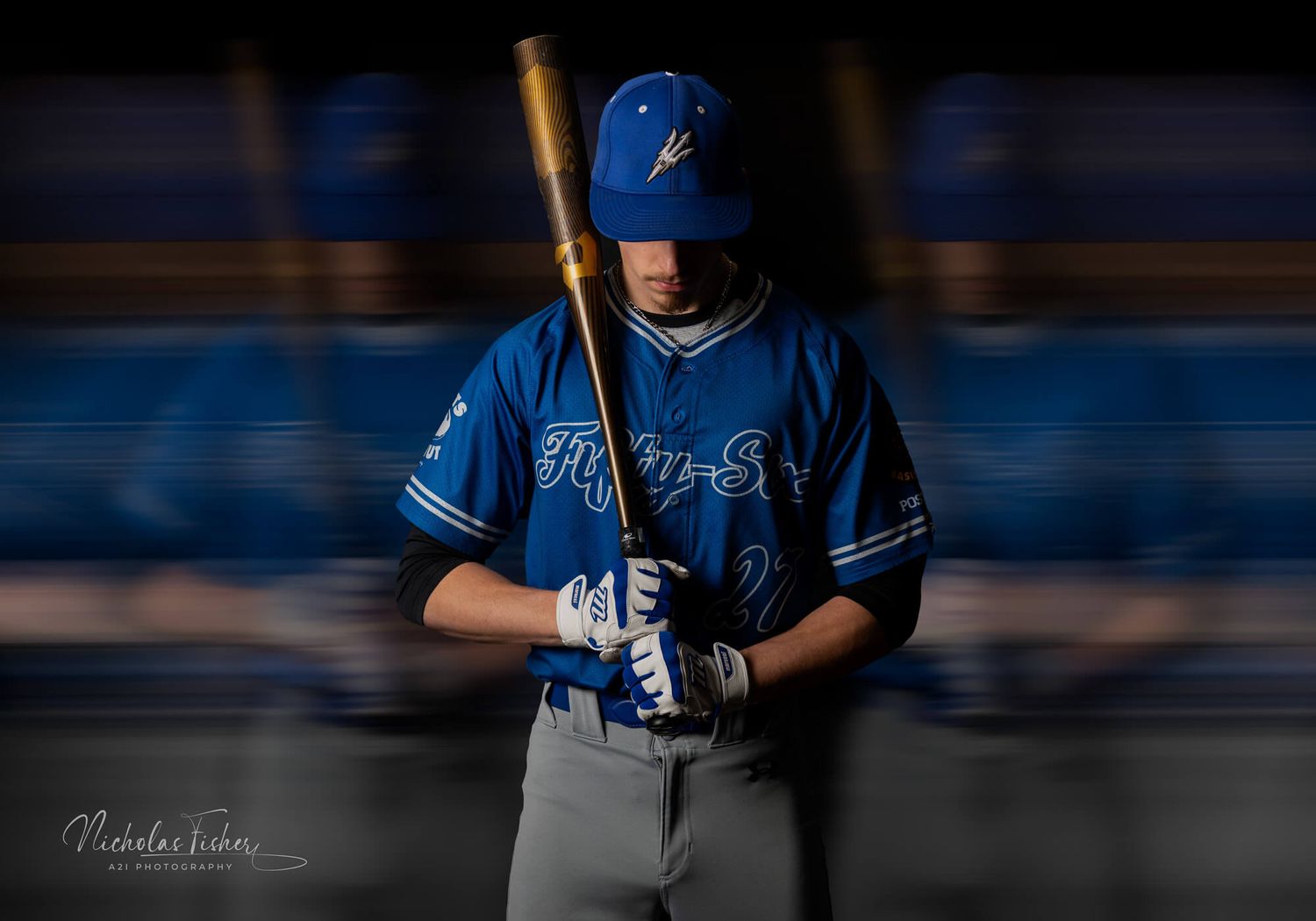 Omaha senior photography dramatic composite of a Plattsmouth High School baseball player with blurred out side portraits.