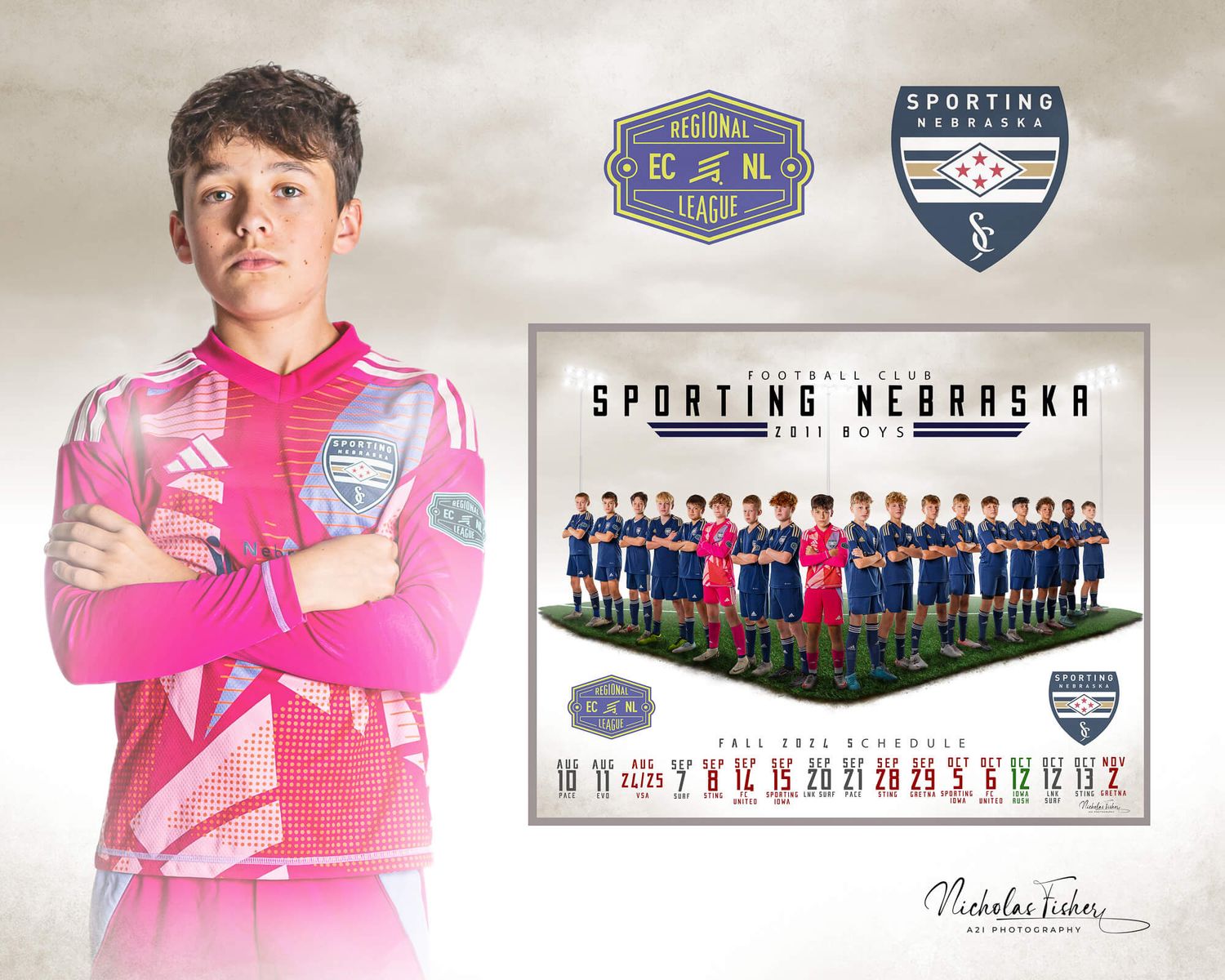 A horizontal row of soccer team profile photos, logos, and group shots showing players in various uniforms and poses.