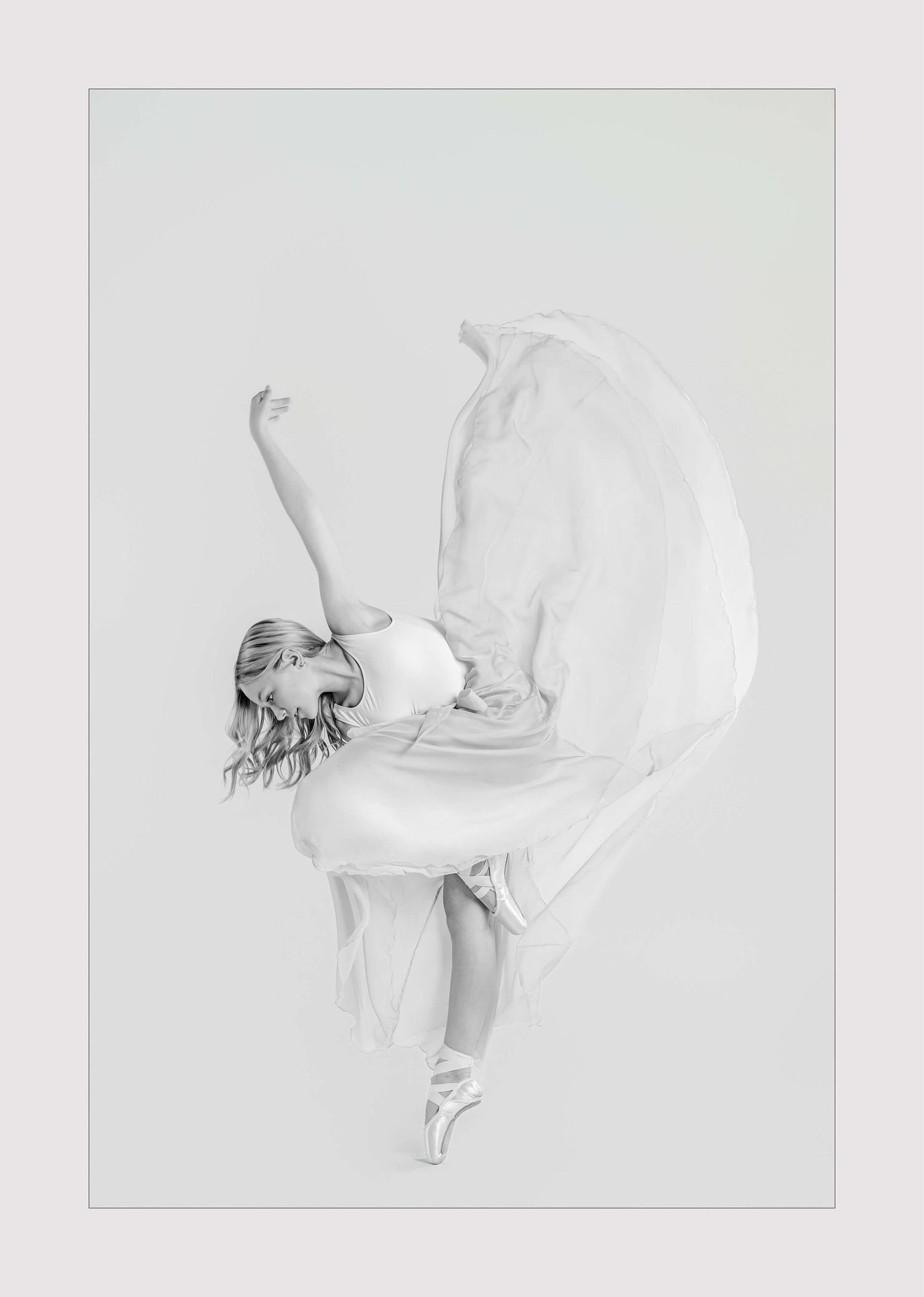 A graceful ballet dancer in white flowing fabric performs an elegant arabesque pose in a minimalist pencil drawing.