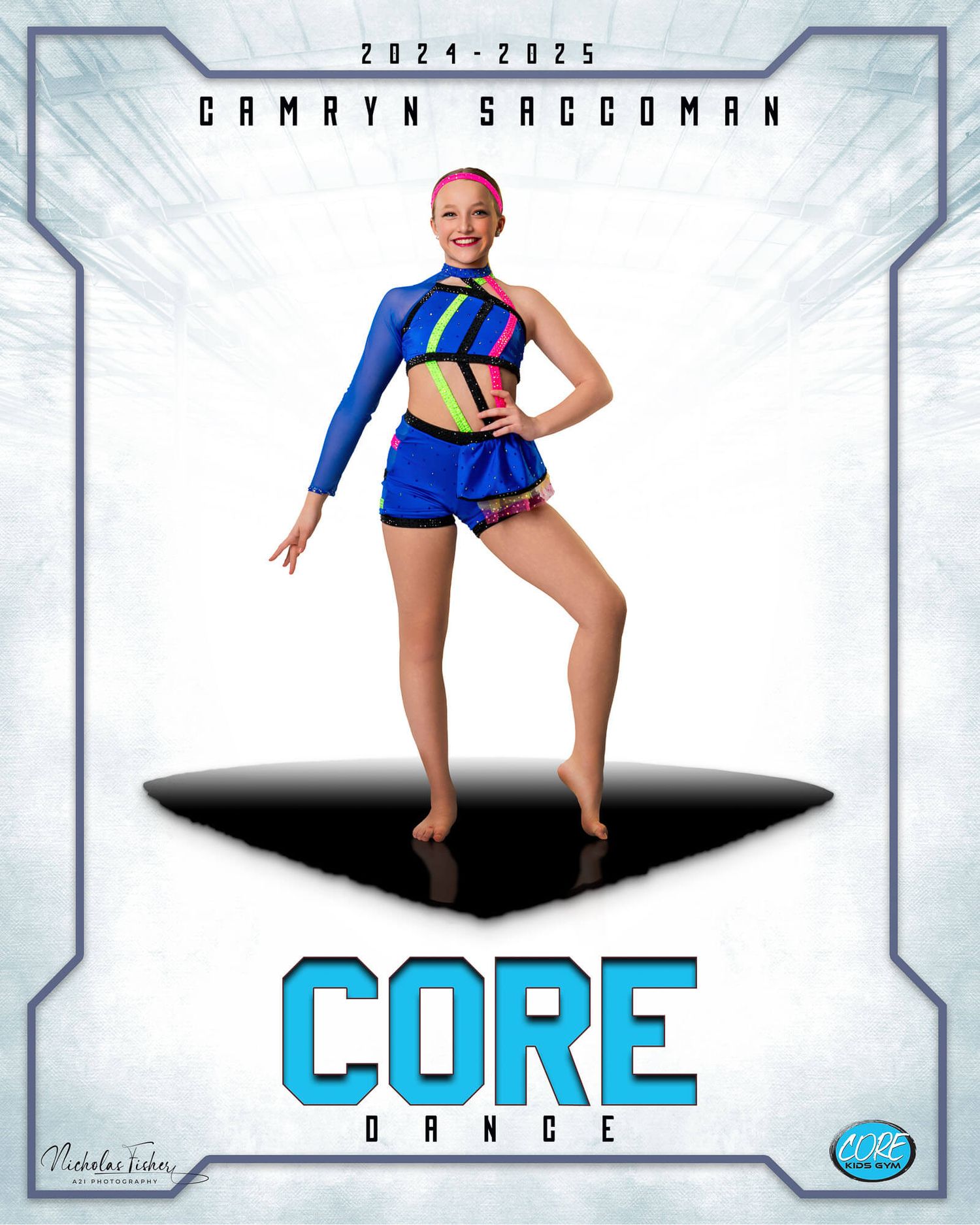 Dance studio promotional banner with a figure in blue athletic wear performing against a geometric white background.