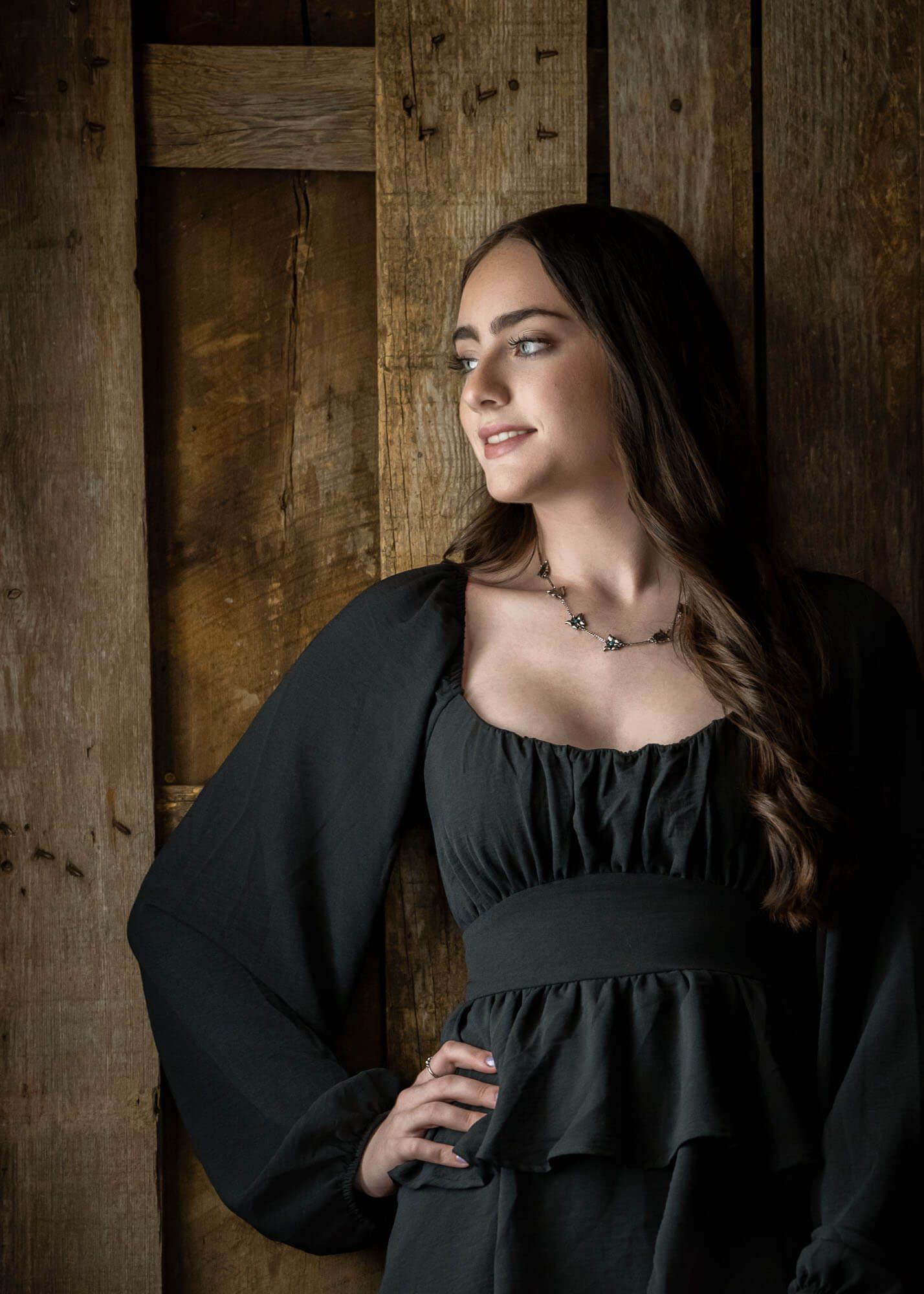 Artistic portrait series in a rustic wooden barn setting with dramatic lighting and a black dress.