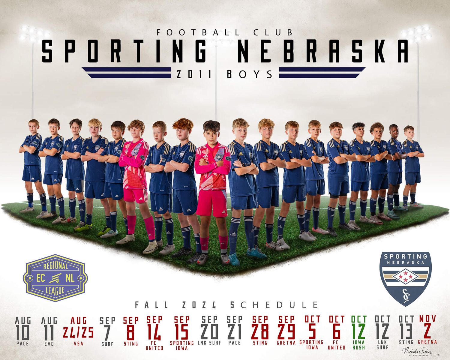 2011 Sporting Nebraska Football Club team photo and schedule layout showing players in blue uniforms on grass field background.