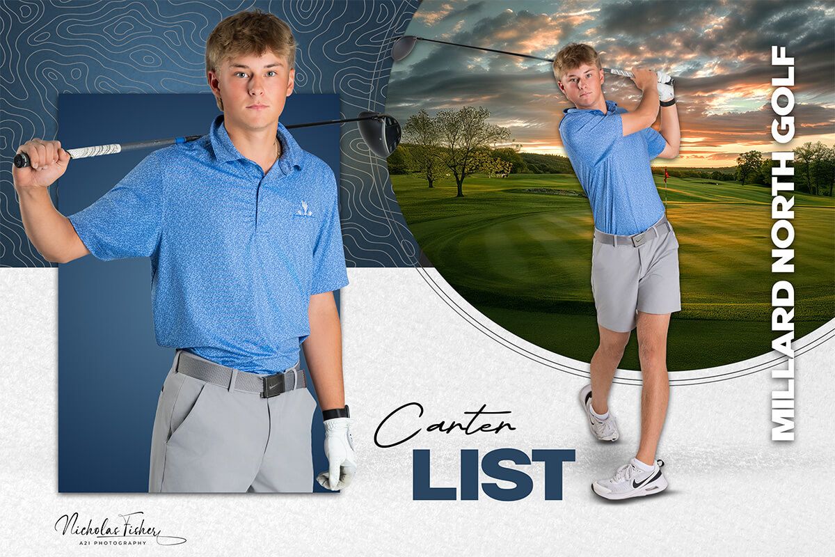 High school golfer Canton List poses with a golf club for Millard North Golf team photo on a scenic golf course.