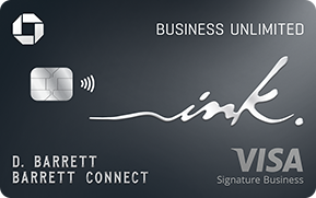 A black Chase Business Unlimited Visa Signature credit card with silver metallic contactless chip and white cursive ink logo.