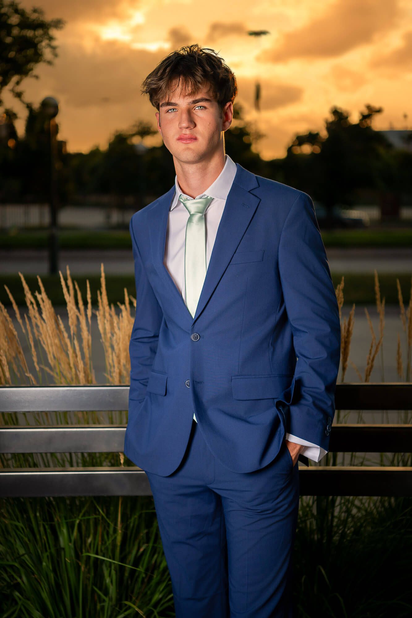 A figure in a navy blue suit poses against a sunset backdrop with ornamental grasses and railing.