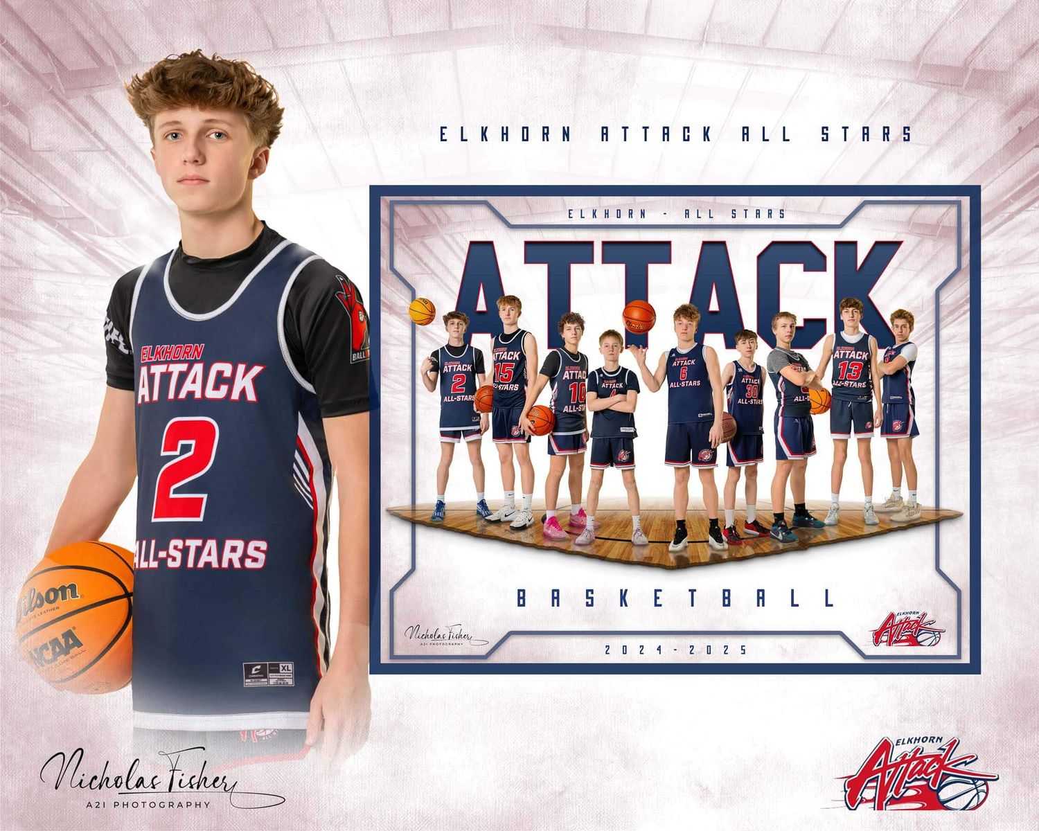 Basketball players lined up in navy blue uniforms for a team photo session in a gym setting.