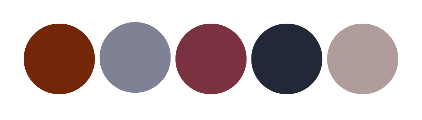 A color palette of five circles showing shades of brown, gray, burgundy, navy blue and beige arranged horizontally.