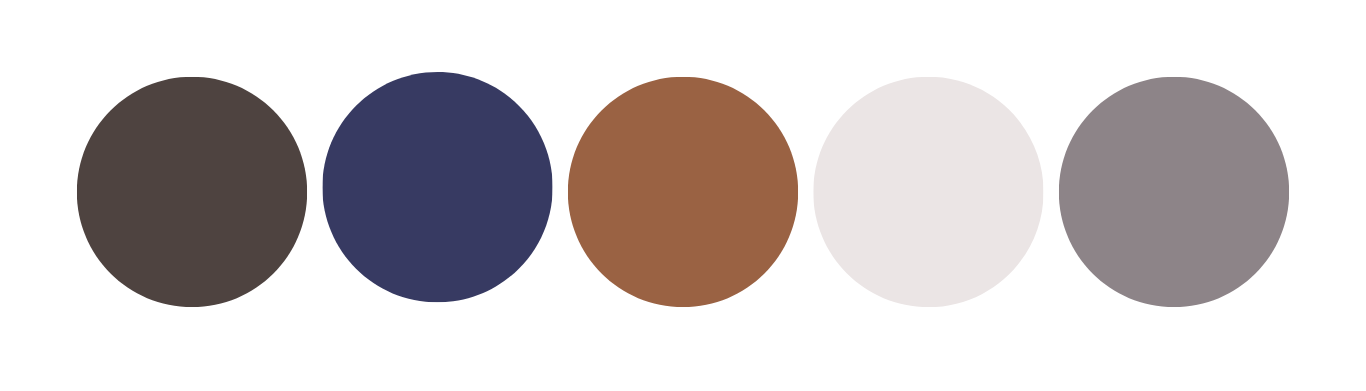A color palette featuring muted tones of charcoal brown, navy blue, rust brown, light gray, and medium gray in circular swatches.