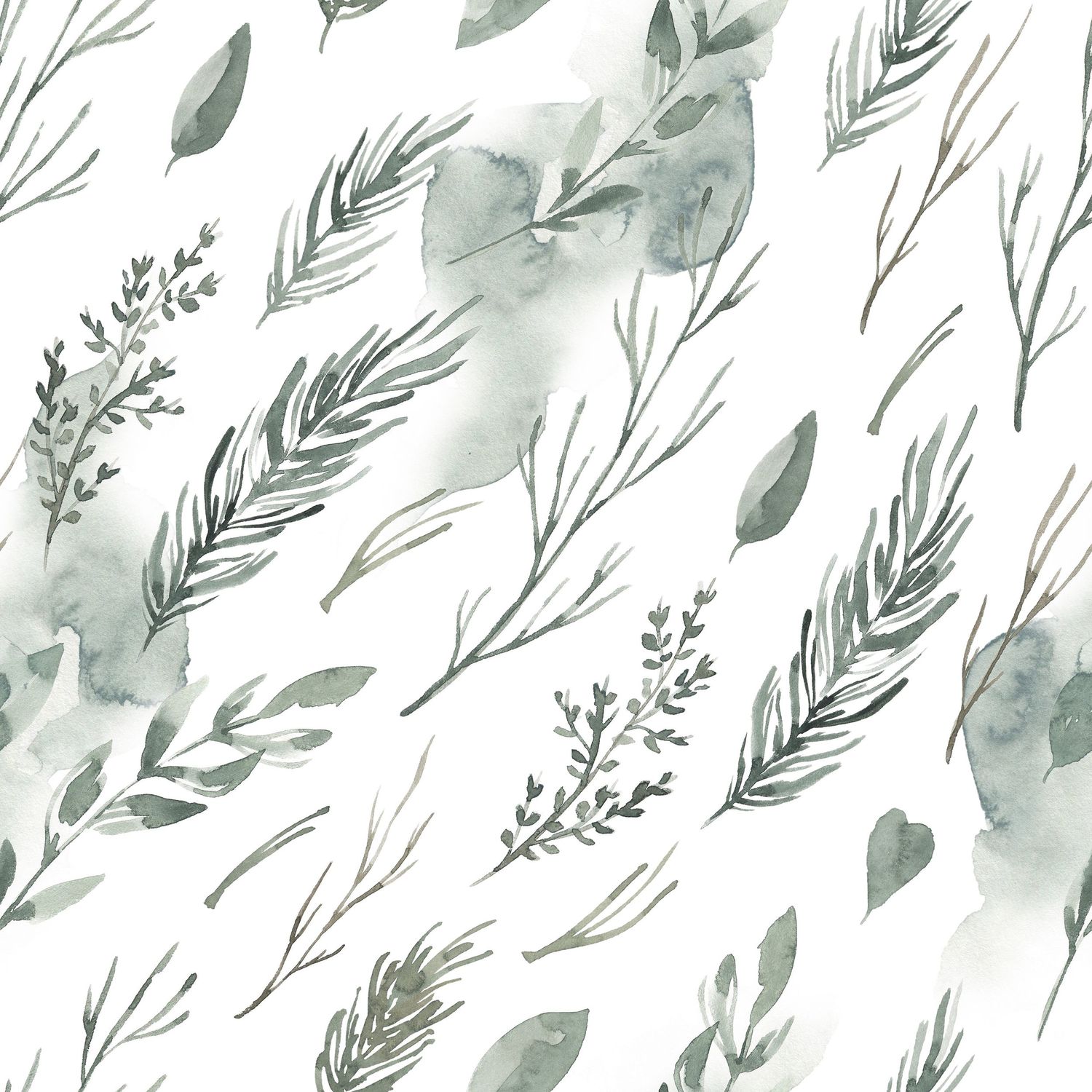 Soft watercolor pattern featuring sage green leaves and foliage on white background.