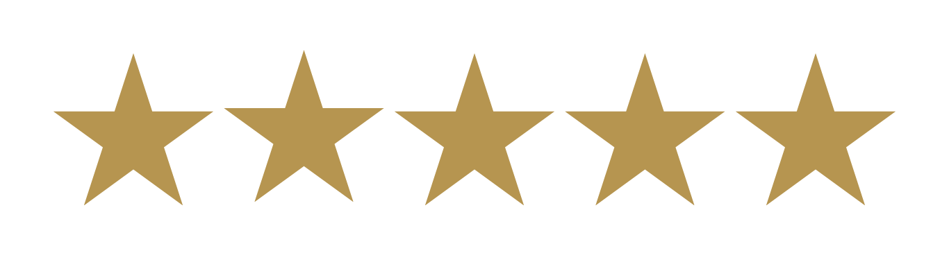 A row of five golden star rating icons arranged horizontally against a white background.