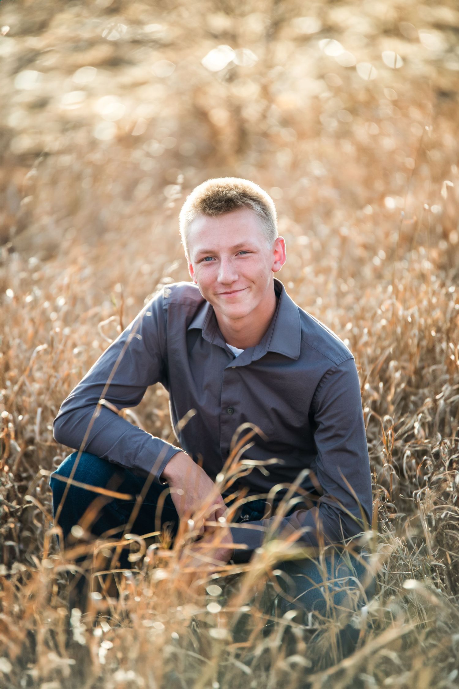A sequence of photographs showing someone sitting in a golden autumn field wearing a dark polo shirt.