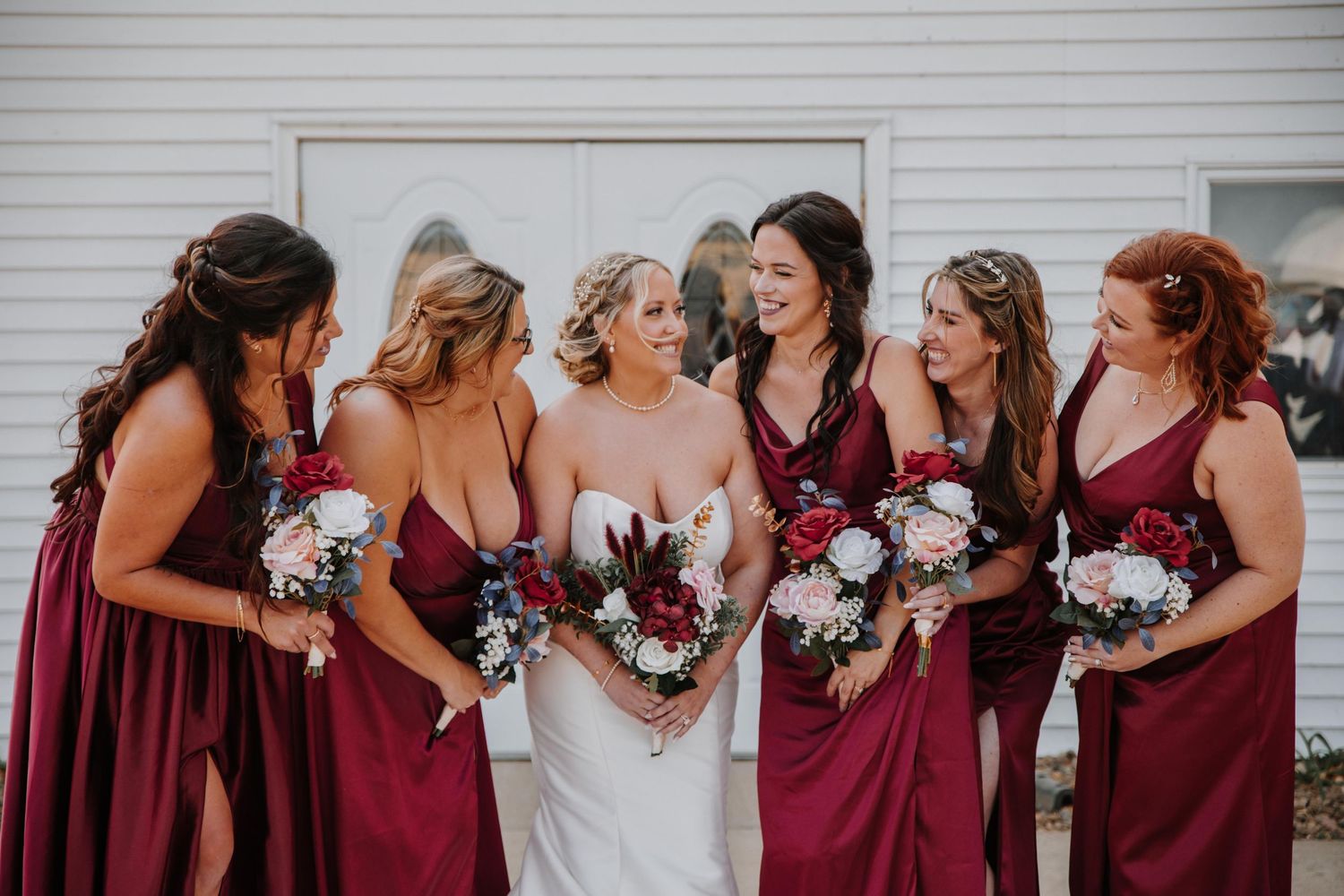 Wedding party in burgundy dresses arranged in a candid photo sequence outside a church.