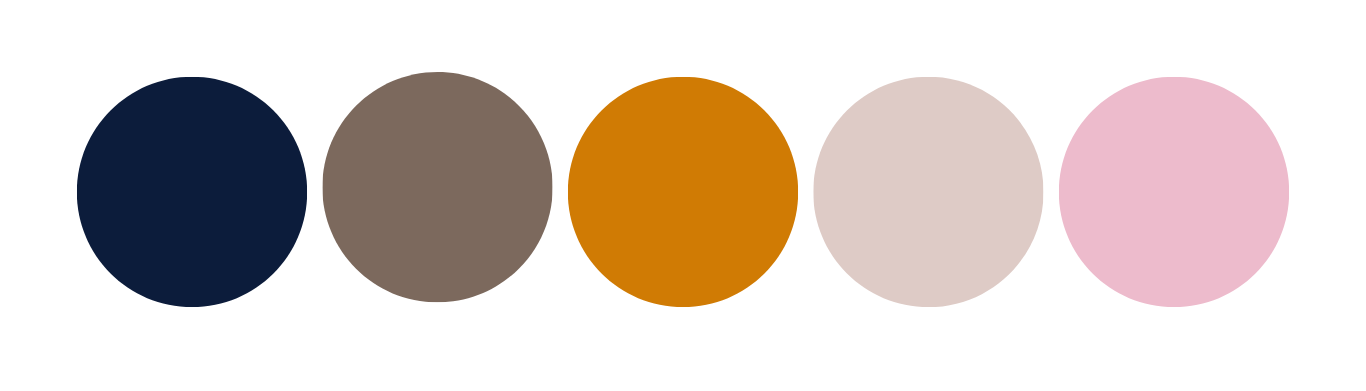 A row of five circular color swatches showing navy blue, taupe brown, golden orange, pale beige, and soft pink tones.