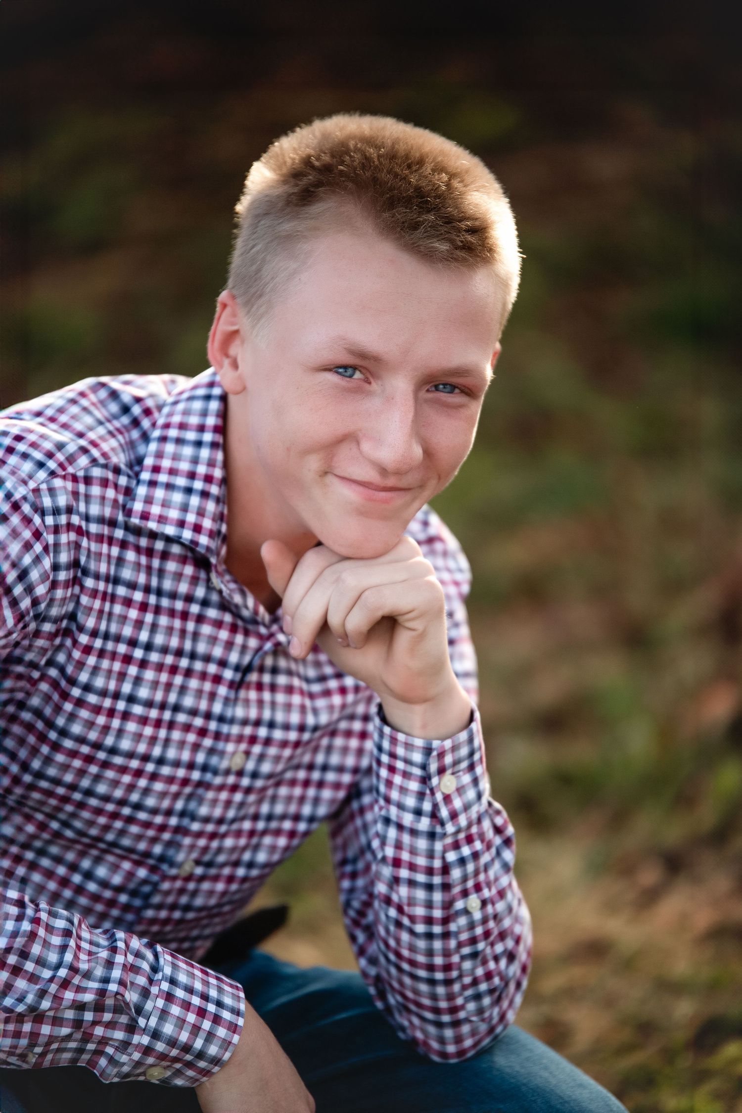 A sequence of candid portraits showing someone in a checkered shirt resting their chin on their hand against a blurred background.