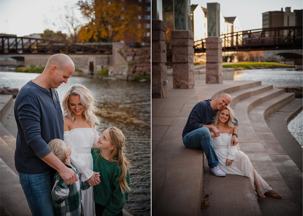 A series of candid family portraits showing joyful interactions by the water.