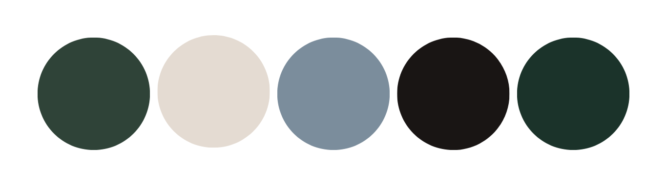 A color palette featuring dark green, beige, slate blue, black, and forest green circular swatches in a horizontal row.
